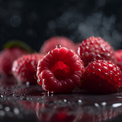 Raspberries with drops of water (dew) on a dark background. Macro. Illustration. Background.