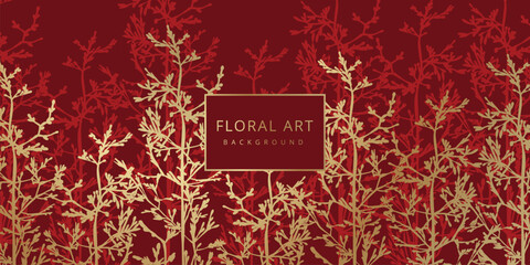 Luxury floral red abstract background with gold hand drawn flowers. Vector design template for postcard, wall poster, business card, flyer, banner, wedding invitation, print, cover, wallpaper