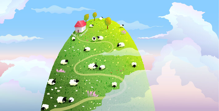 Scenic hill or mountain and little house in clouds. Colorful hand drawn scenery meadow pasture with sheep, romantic rural farmland wallpaper illustration. Vector graphics for kids.