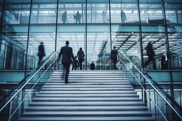 Dynamic Motion Blurred Businesspeople Ascending and Descending Stairs Outside Office, Generative AI
