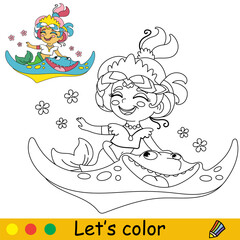 Kids coloring little mermaid and sea stingray vector illustration