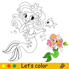 Kids coloring little mermaid with a fish vector illustration