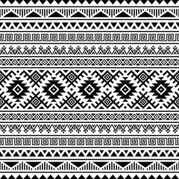 Native American ethnic pattern design. Illustration of Traditional motif Seamless Aztec pattern. Black and white. Design for textile, fabric, clothing, curtain, rug, ornament, wallpaper, wrapping.