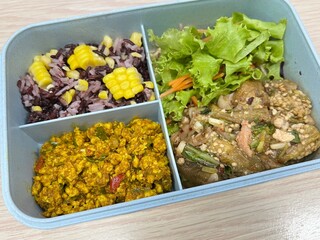 Stir pork curry with Eggplant Salad and two tone brown rice with corn