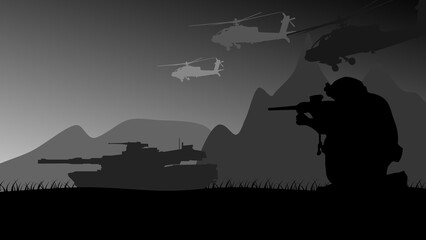 Fototapeta na wymiar Silhouette in a war zone with soldier, tanks, and helicopters