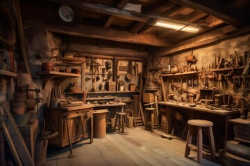 Vintage Woodworking Workshop Mid Century Era Craftsman's Rustic Haven, Generative AI