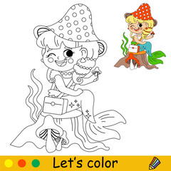 Kids coloring little mermaid with mushrooms vector illustration