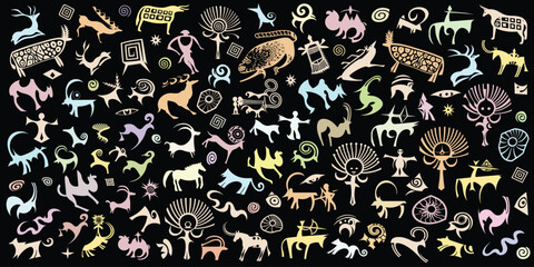 A large set of stylized petroglyphs,  rock paintings of Central Asia, multicolor on black background, vector design