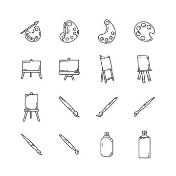 art line icon set with painting kit, easel and canvas