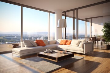 Obraz na płótnie Canvas Bright living room interior with white empty wall,Generative AI