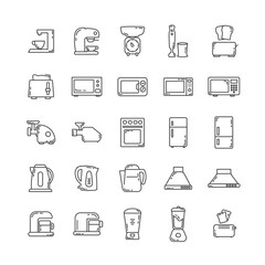 kitchen appliances line icon set with microwave, fridge, gas stove, mixer