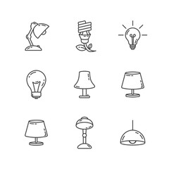 lamp line icon set with table lamp, bulb