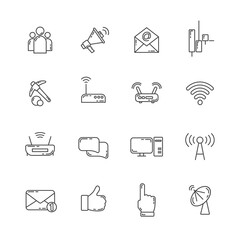 internet, web line icon set with wi fi router, computer, antenna