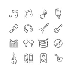 Music, sound line icon set with equalizer, instruments, earphones