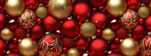 A collection of shiny red and gold Christmas balls arranged in an eye-catching pattern, creating a luxurious and celebratory atmosphere for web banners. Generative AI