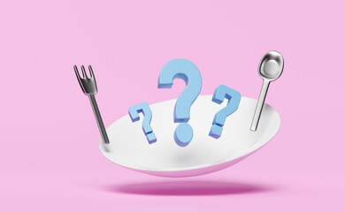 porcelain plate with spoon, fork, question mark isolated on pink background. eat what concept, 3d render illustration