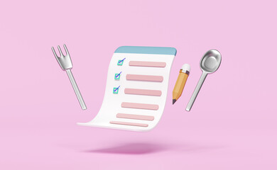 food items, menu with spoon, fork, check mark, pencil isolated on pink background. 3d render illustration