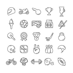 sport line icon set with bowling, racing helmet, ball, olympic torch