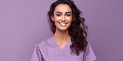 Happy smiling young female nurse in purple scrubs isolated on violet modern color background studio portrait. Healthcare personnel medicine, beauty care, physiotherapy concept, banner,  AI Generated.