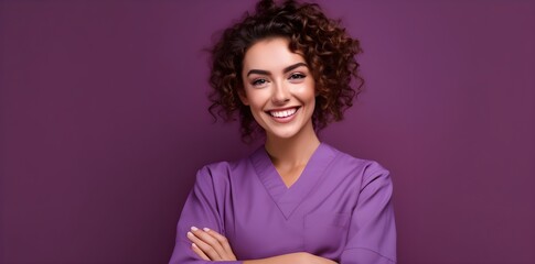 Happy smiling young female nurse in purple scrubs isolated on violet modern color background studio...
