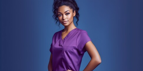 Happy smiling African young female nurse in purple scrubs on violet modern color background studio...