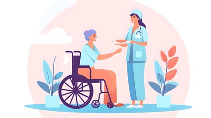 Nursing home, nurse and old person in wheelchair. Community pensioners, retirement house or hospital public area. Cartoon recent vector scene, pastel colors, minimalistic, AI Generated