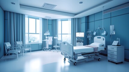 Hospital large white and blue room interior with comfortable beds and medical equipment in a modern hospital clinic, clean, wide windows, beautiful nature view, 3D, AI Generated.