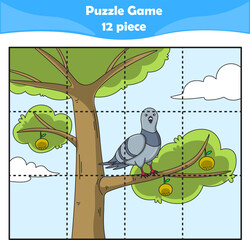 Funny dove. Puzzle games for kids. 12 piece. Child education. Vector illustration