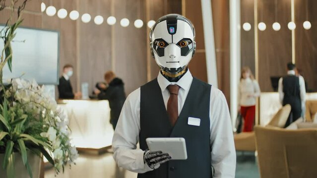 AI generated shot of robot receptionist in uniform holding digital tablet in hands standing in hotel lobby looking at camera