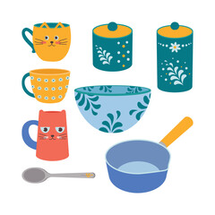 A set of kitchen utensils, a saucepan, a spoon, a mug, a sugar jar, a plate, a bowl.