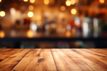 Wood table top on blurred kitchen background