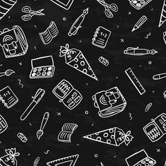 Cute hand drawn back to school seamless pattern, lovely school supplies, great for banners, wallpapers, wrapping - vector design