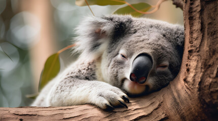 Fototapeta premium koala bear sleeping on the tree created with Generative AI