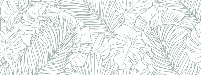 Tropical leaf line art wallpaper background vector. Design of natural Monstera leaves and banana leaves in a minimalist linear outline style. Design for fabric, print, cover, banner, decoration. - obrazy, fototapety, plakaty