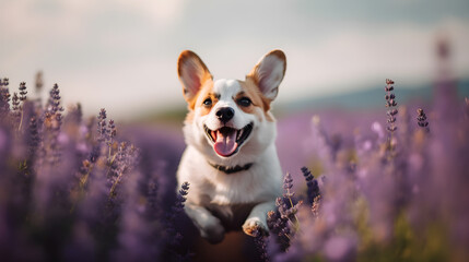 smiling dog running in the lavender flower field created with Generative AI