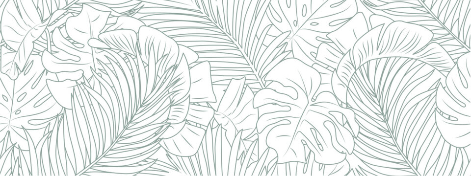 Tropical leaf line art wallpaper background vector. Design of natural Monstera leaves and banana leaves in a minimalist linear outline style. Design for fabric, print, cover, banner, decoration.
