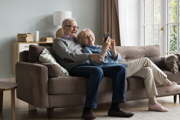 Happy mature couple holding cellphone resting together on sofa at home. Relaxed senior wife and...