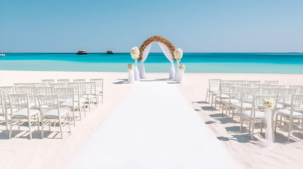 Obraz na płótnie Canvas Decorated luxury wedding ceremony at the beach white empty chairs and arch decorated with flowers created with Generative AI