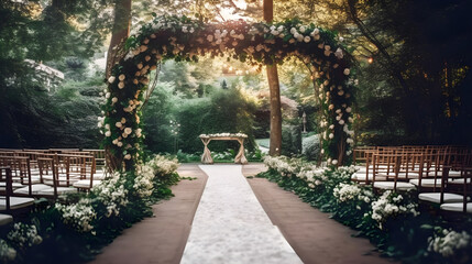 Decorated luxury wedding ceremony outdoor white empty chairs and arch decorated with flowers created with Generative AI