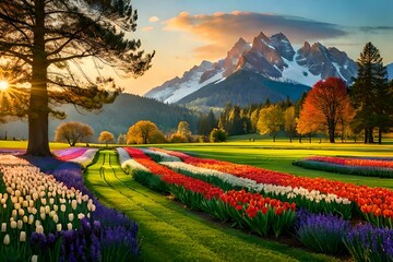 landscape with flowers and mountains Generated Ai