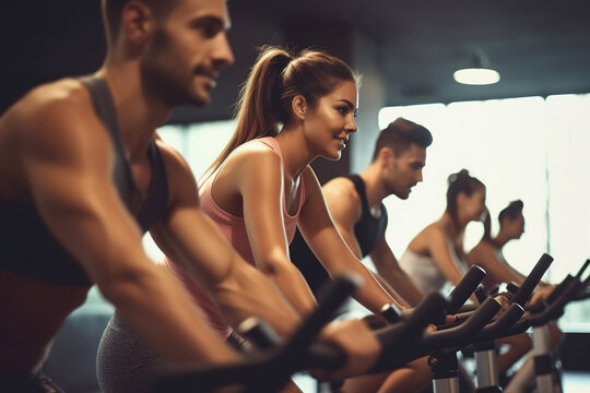 Group of sporty people having spinning class at gym. Sport, lifestyle and healthcare concept.
