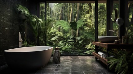 Bright bathroom with subway tile and a variety of green plants of deep forest style, Generative AI