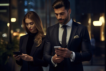 Attractive businesswoman and handsome businessman in formalwear using phone while standing together at office building.