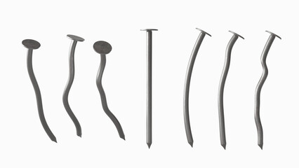 Iron nails 3d render icons set. Straight and bent steel hardware spikes or hobnails with circle head. Realistic metal curved pins, construction tools isolated on white background. 3D illustration