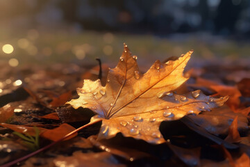 Autumn leaf lies on the ground. AI generative.