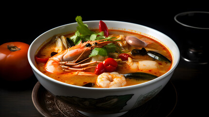 A bowl of thai tong yum soup on black background created with Generative AI