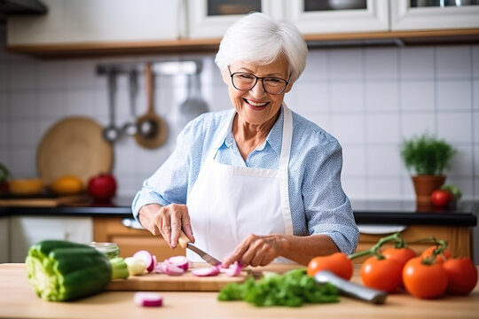 Happy Senior Woman Preparing The Vegetables In The Kitchen At Home. Healthy Food And Senior People Concept.