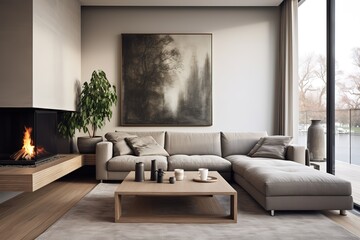 White minimalist living room interior with sofa on a wooden floor, decor on a large wall, white landscape in window. Home Nordic interior | Scandinavian interior poster mock up,Generative AI.