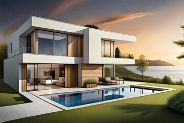 Illustration of a modern house, 3d rendering, Generative AI