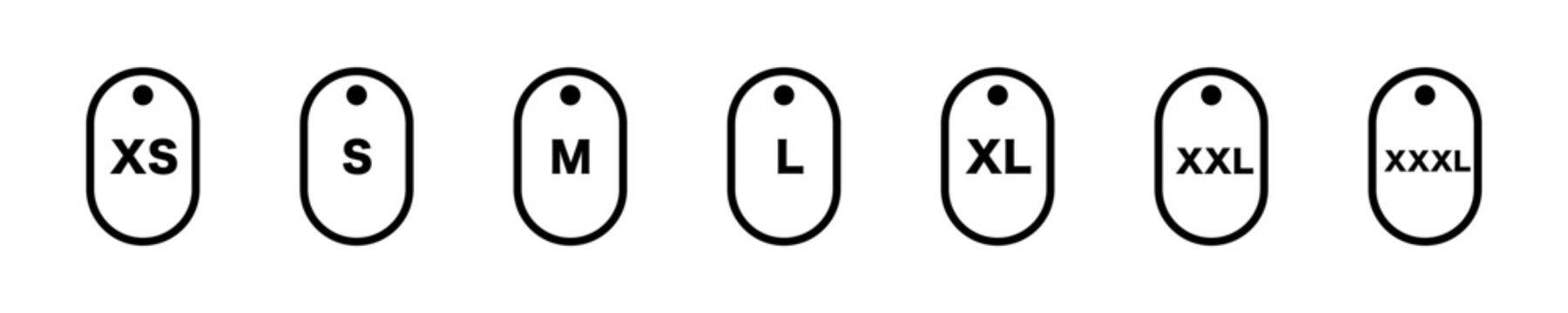 Set of label with size letter. Clothing label vector icon. Xs, s, m, l, xl, xxl, xxxl.